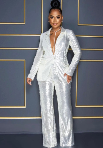 Women's Long Sleeve V-Neck Sequined Blazer Pants Two-Piece Set