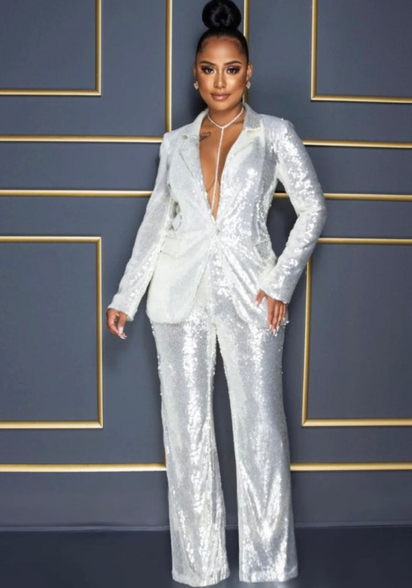 Women's Long Sleeve V-Neck Sequined Blazer Pants Two-Piece Set