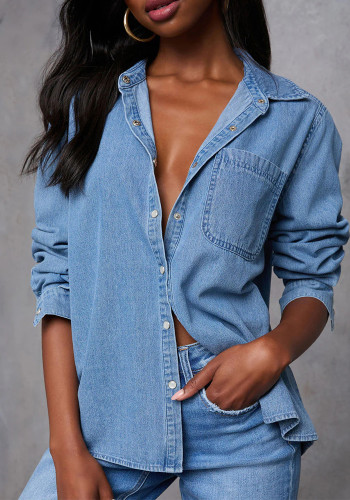 Denim Shirt Women's Autumn Fashion Casual Pocket Loose Long-Sleeved Top