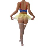 Blue Contrast Mesh Yellow See-Through Sexy Lingerie Hollow Fishnet Stockings Four-Piece Suit For Women