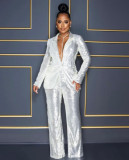 Women's Long Sleeve V-Neck Sequined Blazer Pants Two-Piece Set