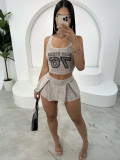 Summer Letter Ribbed Tight Fitting Short Vest Top Pleated Skirt Set