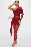 Fashion Slim Fit Sexy Solid Color Slim Waist One-Shoulder Long Sleeve Patchwork Jumpsuit