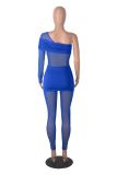 Fashion Slim Fit Sexy Solid Color Slim Waist One-Shoulder Long Sleeve Patchwork Jumpsuit