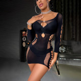 Sexy Beaded Lingerie Women's Bright Diamond Hollow Fishnet Tight Fitting Bodycon Night Dress