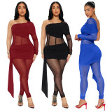 Fashion Slim Fit Sexy Solid Color Slim Waist One-Shoulder Long Sleeve Patchwork Jumpsuit