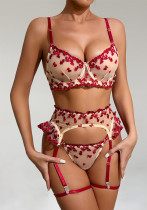 Women Embroidered Flowers Gathered See-Through Sexy Lingerie Set