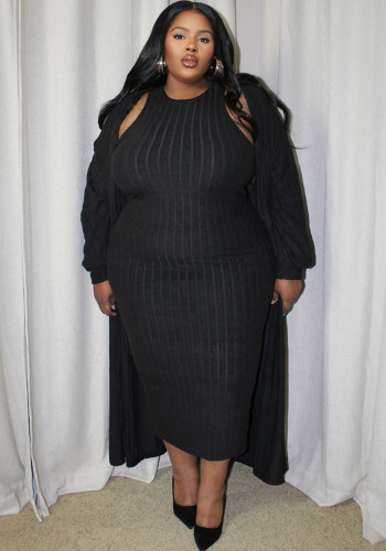 Plus Size Women's Autumn Casual Fashion Long-Sleeved Coat Dress Two-Piece Set