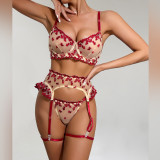 Women Embroidered Flowers Gathered See-Through Sexy Lingerie Set