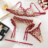 Women Embroidered Flowers Gathered See-Through Sexy Lingerie Set