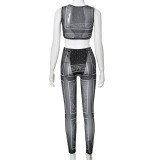 Fashion Summer Sexy See-Through Sleeveless Vest Butt Lift Basic Pants Two Piece Set