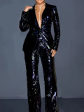 Women's Long Sleeve V-Neck Sequined Blazer Pants Two-Piece Set