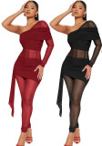 Fashion Slim Fit Sexy Solid Color Slim Waist One-Shoulder Long Sleeve Patchwork Jumpsuit