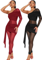 Fashion Slim Fit Sexy Solid Color Slim Waist One-Shoulder Long Sleeve Patchwork Jumpsuit