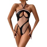 Sexy Mesh Pu Leather Patchwork See-Through Slim Halter Neck Bodysuit