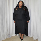 Plus Size Women's Autumn Casual Fashion Long-Sleeved Coat Dress Two-Piece Set