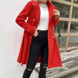 Women Fall and Winter Turndown Collar Double-Breasted Pocket Windbreaker