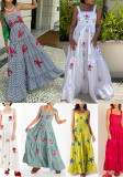 Women Embroidered Pleated Beach Holidays Strap Dress