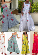 Women Embroidered Pleated Beach Holidays Strap Dress