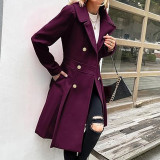 Women Fall and Winter Turndown Collar Double-Breasted Pocket Windbreaker