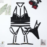 Lace-Up Cross Straps Black Hollow Halter Neck Hollow Sexy Lingerie Four-Piece Set For Women
