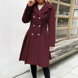 Women Fall and Winter Turndown Collar Double-Breasted Pocket Windbreaker