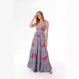 Women Embroidered Pleated Beach Holidays Strap Dress