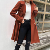 Women Fall and Winter Turndown Collar Double-Breasted Pocket Windbreaker