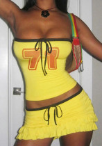 Women summer drawstring Lace-Up sleeveless Strapless Top And Ruffle Edge Skirt two-piece set Women summer drawstring Lace-Up sleeveless Strapless Top And Ruffle Edge Skirt two-piece set