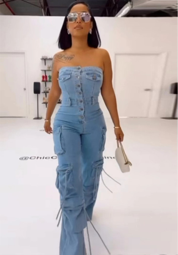 Women Strapless Button Cargo Jumpsuit
