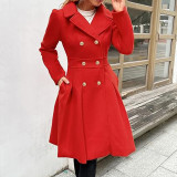 Women Fall and Winter Turndown Collar Double-Breasted Pocket Windbreaker