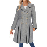 Women Fall and Winter Turndown Collar Double-Breasted Pocket Windbreaker