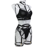 Lace-Up Cross Straps Black Hollow Halter Neck Hollow Sexy Lingerie Four-Piece Set For Women
