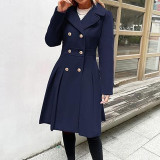 Women Fall and Winter Turndown Collar Double-Breasted Pocket Windbreaker