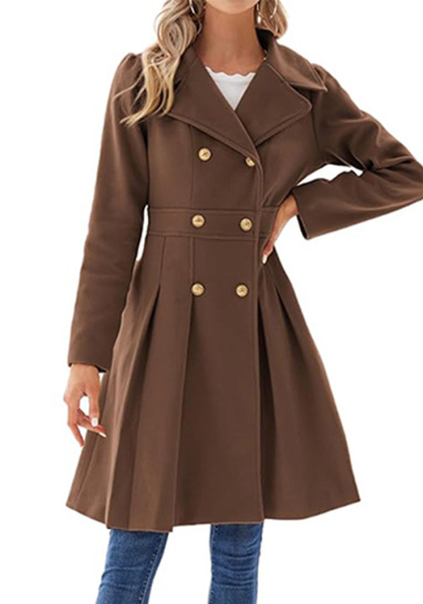 Women Fall and Winter Turndown Collar Double-Breasted Pocket Windbreaker