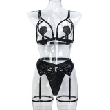 Crystal Tassel Pendant Bra Sexy Beaded Pu Leather Hollow Sexy Four-Piece Lingerie