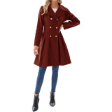 Women Fall and Winter Turndown Collar Double-Breasted Pocket Windbreaker