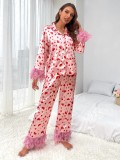 Women Heart Print Printed Casual Pajamas Two-Piece Set