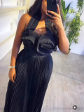 Women African Pleated Top + Wide Leg Pants Two-Piece Set