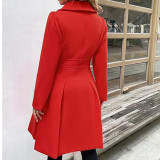 Women Fall and Winter Turndown Collar Double-Breasted Pocket Windbreaker