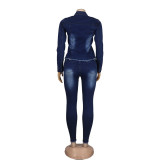 Women Stretchy Denim Pants Ripped Top and Pant Two-Piece Set