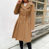 Women Fall and Winter Turndown Collar Double-Breasted Pocket Windbreaker