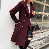 Women Fall and Winter Turndown Collar Double-Breasted Pocket Windbreaker