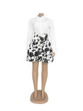 Women gold button puffy skirt shirt and printed Skirt Two Piece Set