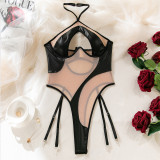 Sexy Mesh Pu Leather Patchwork See-Through Slim Halter Neck Bodysuit