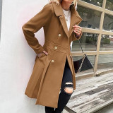 Women Fall and Winter Turndown Collar Double-Breasted Pocket Windbreaker