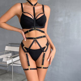 Lace-Up Cross Straps Black Hollow Halter Neck Hollow Sexy Lingerie Four-Piece Set For Women