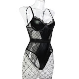 Sexy Black Pu Leather Lace Tight Fitting Strap Bodysuit With Fishnet Stockings Set