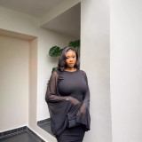 Women Fall Solid Round Neck Bell Bottom Sleeve Sexy Backless Bodycon Dress