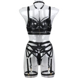 Lace-Up Cross Straps Black Hollow Halter Neck Hollow Sexy Lingerie Four-Piece Set For Women